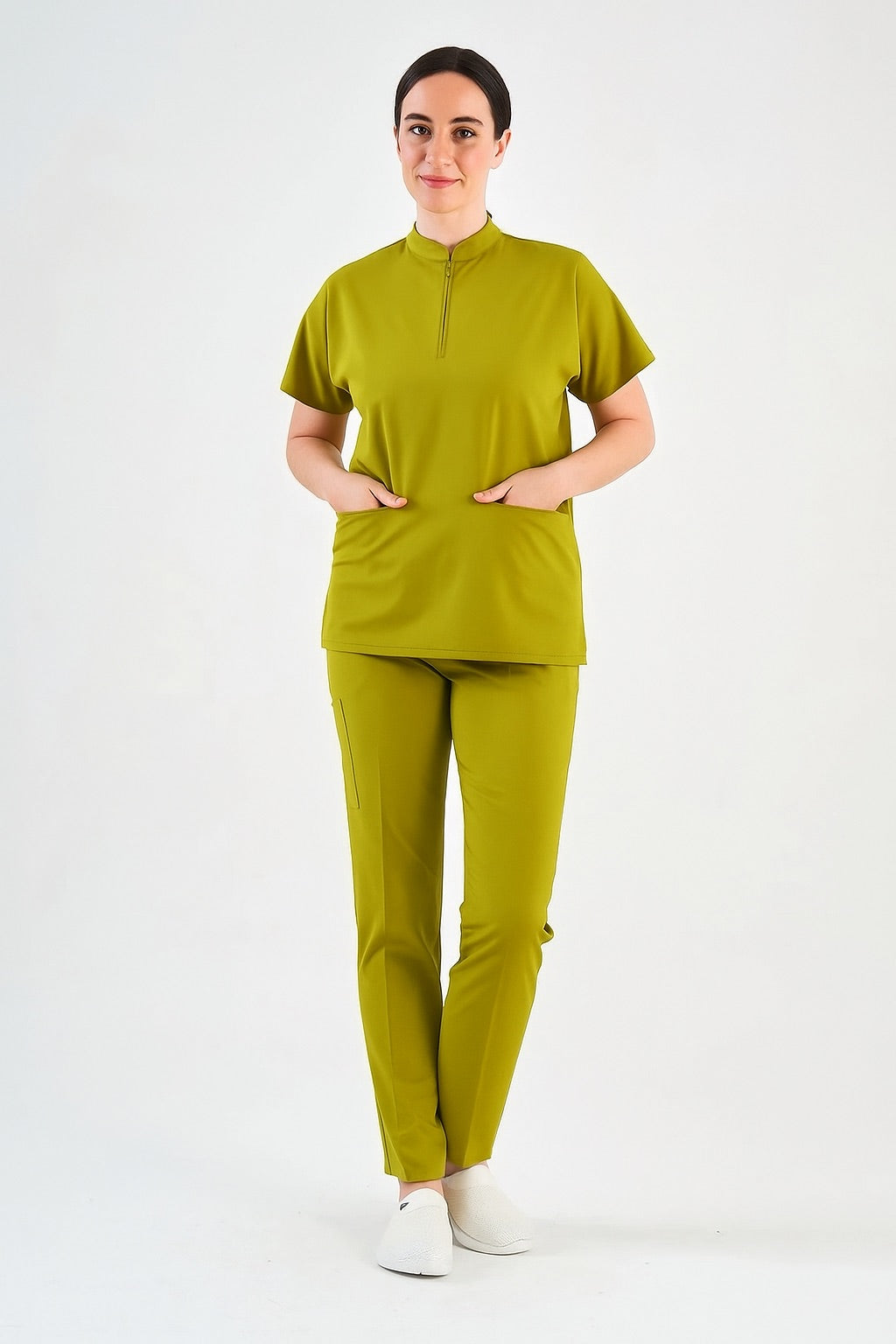 Likralı Yağ Yeşili Fermuar Detaylı Scrubs