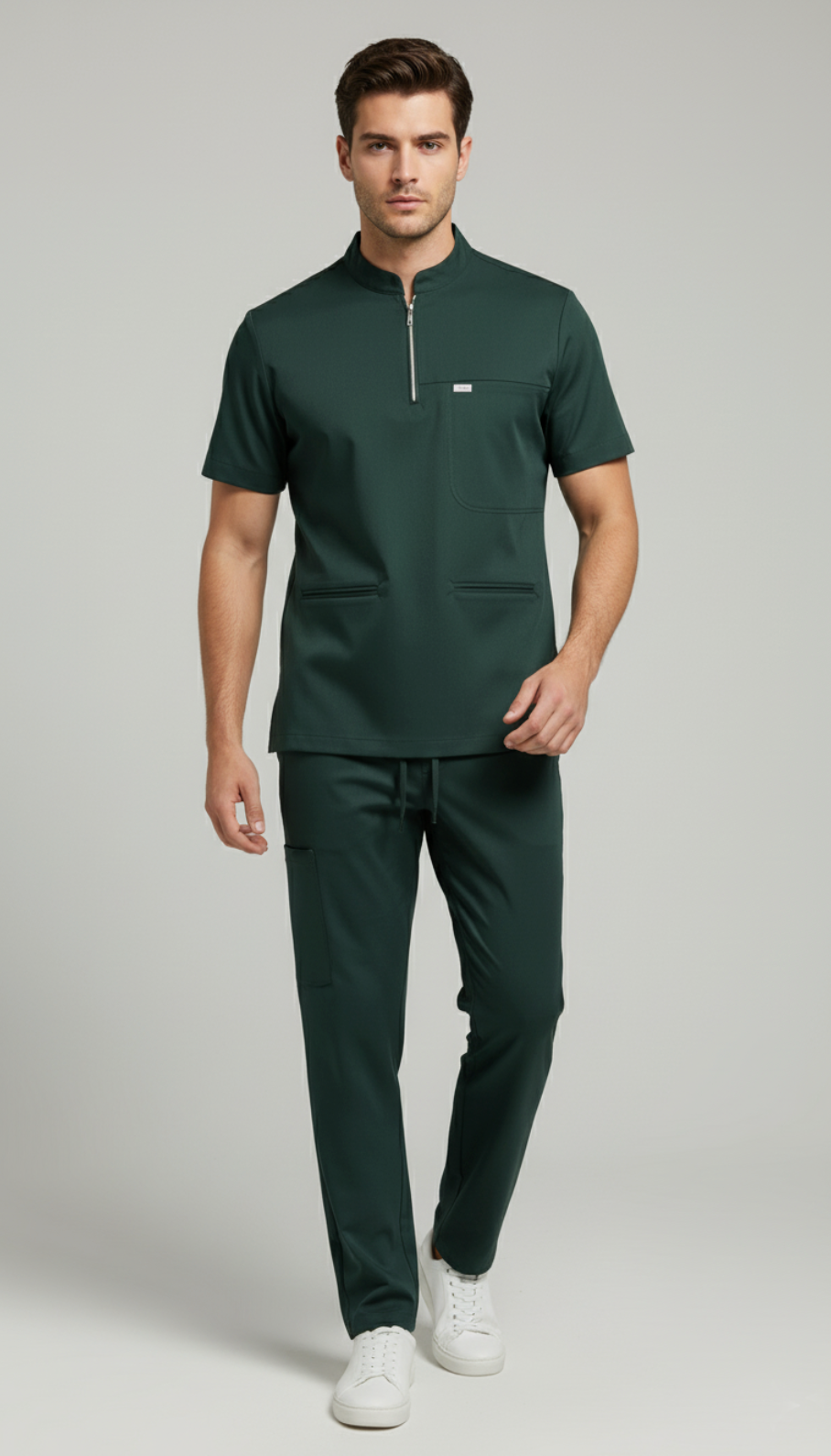 Erkek Likralı Zümrüt Yeşili Hakim Yaka Scrubs