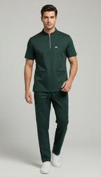 Erkek Likralı Zümrüt Yeşili Hakim Yaka Scrubs