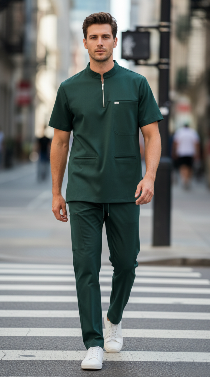 Erkek Likralı Zümrüt Yeşili Hakim Yaka Scrubs