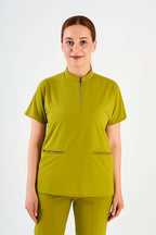 Likralı Yağ Yeşili Fermuar Detaylı Scrubs