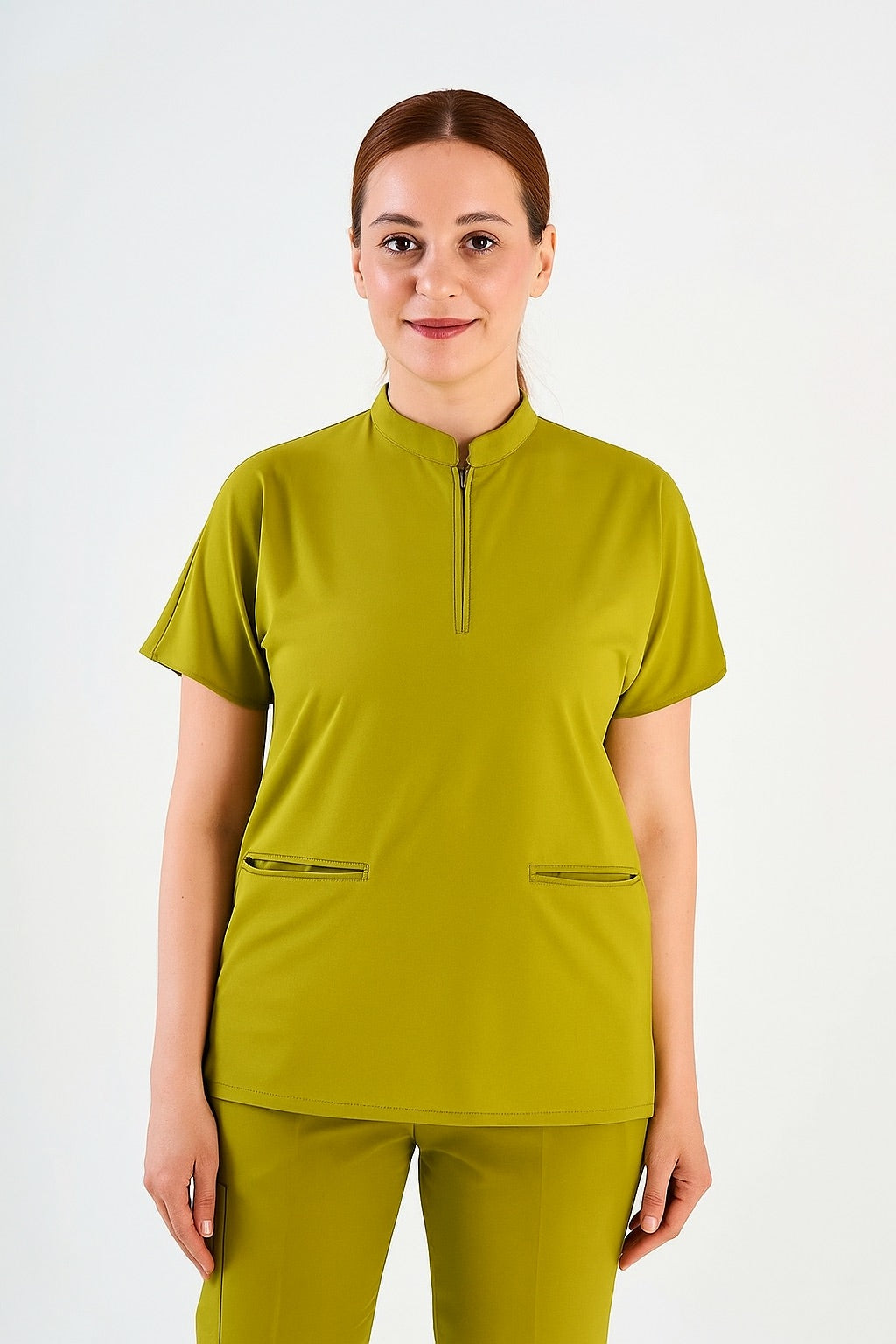 Likralı Yağ Yeşili Fermuar Detaylı Scrubs