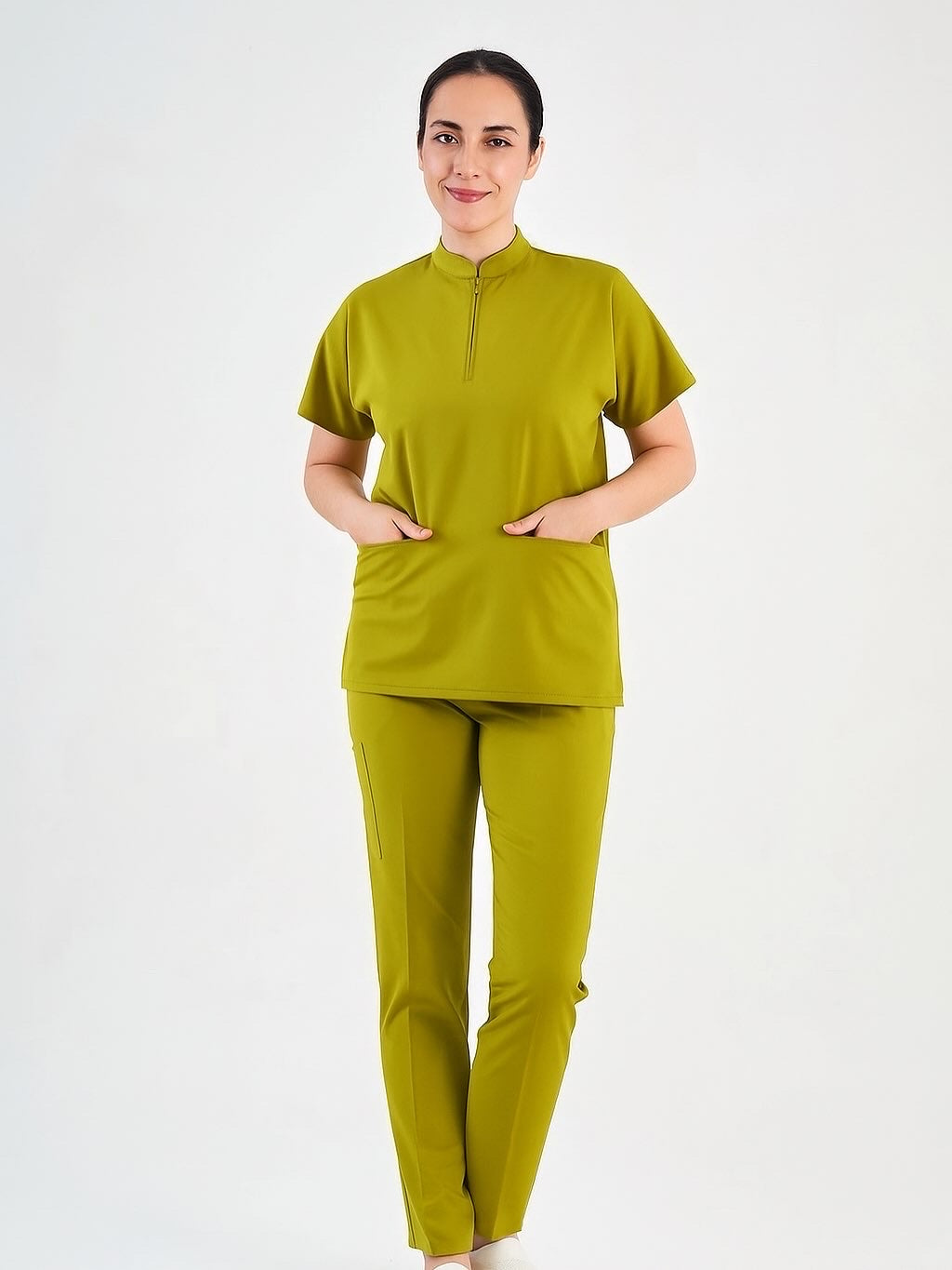 Likralı Yağ Yeşili Fermuar Detaylı Scrubs