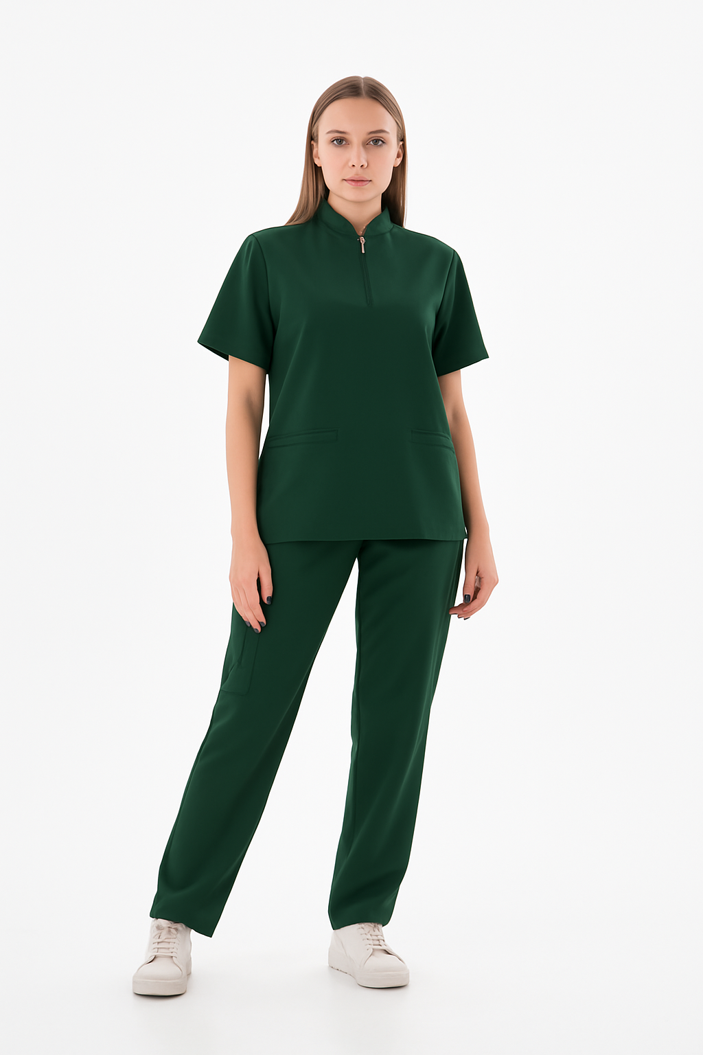 Likralı Haki Yeşil  Fermuar Detaylı Scrubs Takım