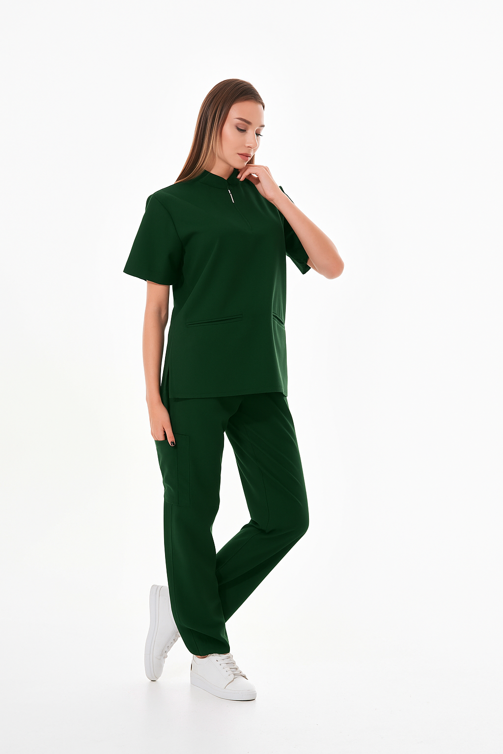 Likralı Haki Yeşil  Fermuar Detaylı Scrubs Takım