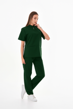 Likralı Haki Yeşil  Fermuar Detaylı Scrubs Takım