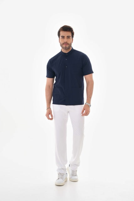 Likralı Lacivert Rengi Çıtçıt Detaylı Erkek Cerrahi Üst Forma Scrubs