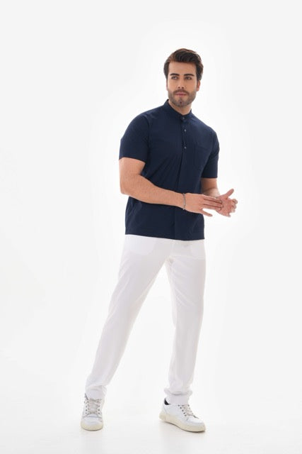 Likralı Lacivert Rengi Çıtçıt Detaylı Erkek Cerrahi Üst Forma Scrubs