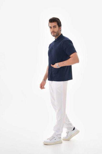 Likralı Lacivert Rengi Çıtçıt Detaylı Erkek Cerrahi Üst Forma Scrubs