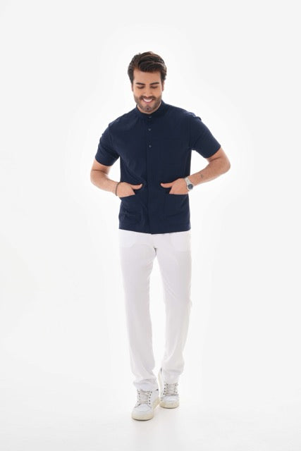 Likralı Lacivert Rengi Çıtçıt Detaylı Erkek Cerrahi Üst Forma Scrubs