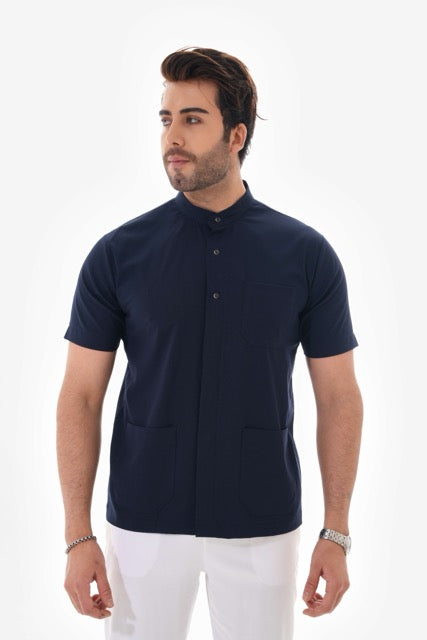 Likralı Lacivert Rengi Çıtçıt Detaylı Erkek Cerrahi Üst Forma Scrubs