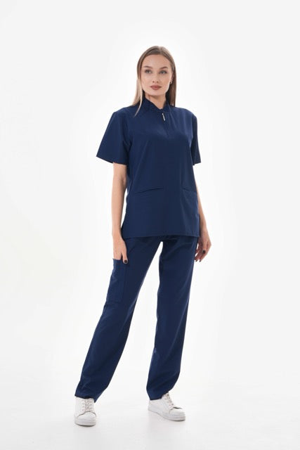 Likralı Lacivert Fermuar Detaylı Scrubs Takım