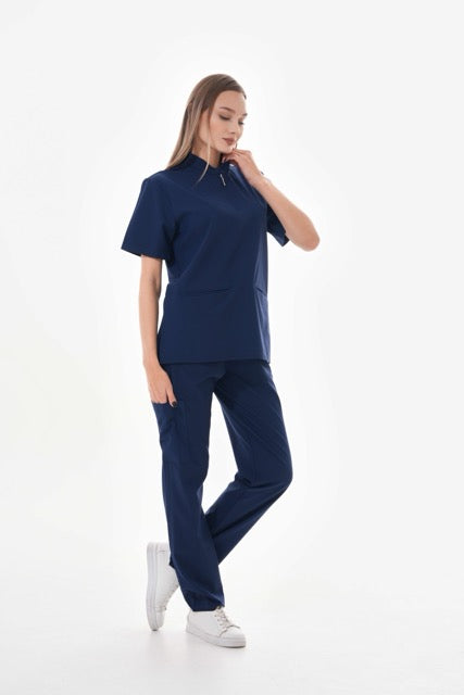 Likralı Lacivert Fermuar Detaylı Scrubs Takım