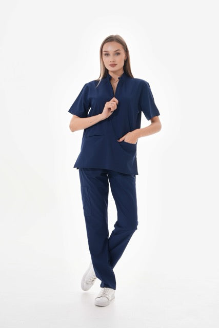 Likralı Lacivert Fermuar Detaylı Scrubs Takım