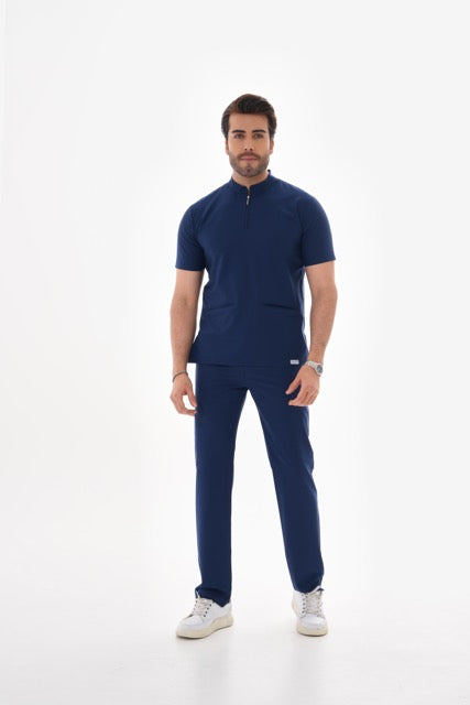 ERKEK Likralı Lacivert  Takma Kol Fermuar Detaylı Cerrahi Takım Scrubs Üniforma Cerrahi Forma