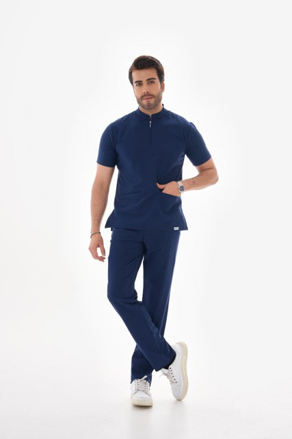 ERKEK Likralı Lacivert  Takma Kol Fermuar Detaylı Cerrahi Takım Scrubs Üniforma Cerrahi Forma