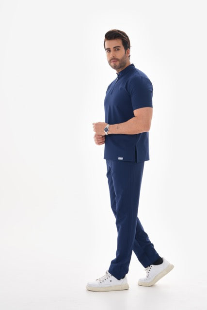 ERKEK Likralı Lacivert  Takma Kol Fermuar Detaylı Cerrahi Takım Scrubs Üniforma Cerrahi Forma
