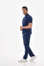 ERKEK Likralı Lacivert  Takma Kol Fermuar Detaylı Cerrahi Takım Scrubs Üniforma Cerrahi Forma