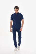 ERKEK Likralı Lacivert  Takma Kol Fermuar Detaylı Cerrahi Takım Scrubs Üniforma Cerrahi Forma